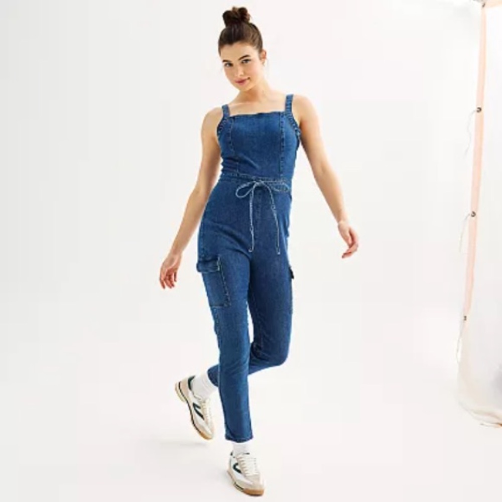 Tinseltown Denim Jumper Jumpsuit Drawstring Waist Cargo Pockets Medium